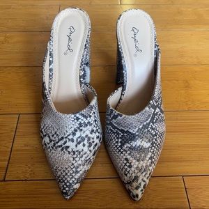 Qupid Snakeskin Pointed Toe Mules
